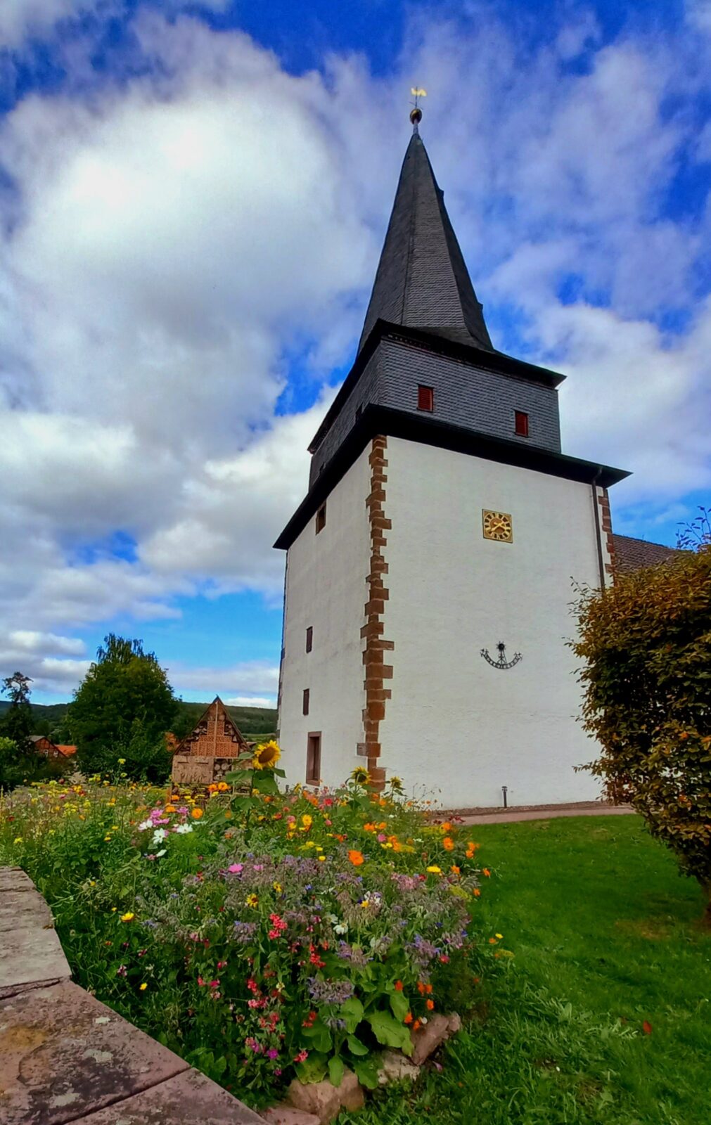 Bewahrung der Schöpfung mit Blumenwiese und Insektenhotel